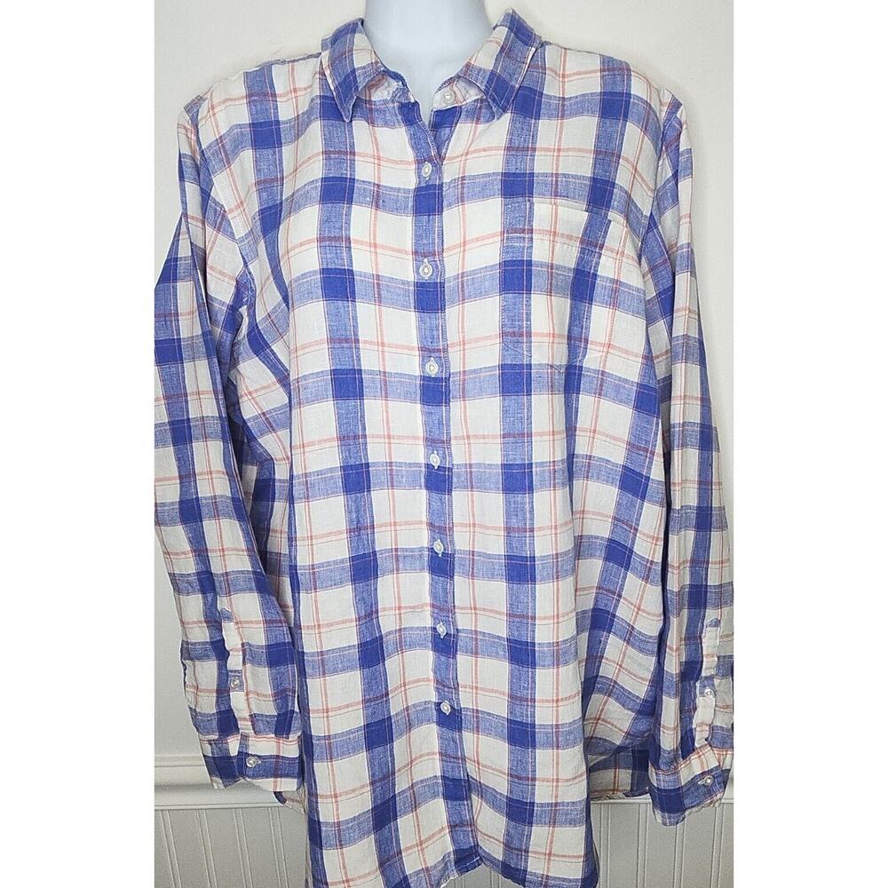 LL Bean Womens XL 100% Linen Button Up Top Shirt Blue White Plaid L/S Collared